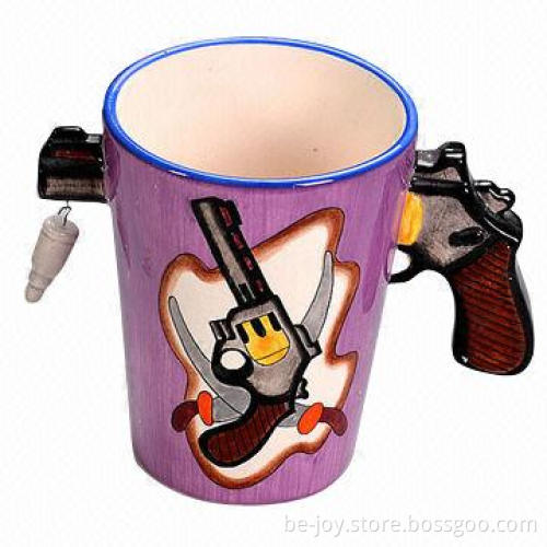 11oz Ceramic cup with gun handle, various artworks are available, OEM orders are welcome